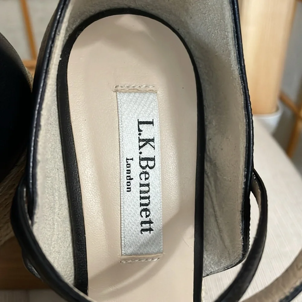 L.K. Bennett Black Leather Nellie Peep Toe Espadrille Wedge Heel EU 37.5 /US 7 - Picture 2 of 16
